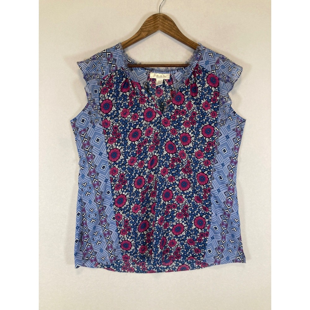 Boho Floral Motherhood Maternity Womens Large Blue Pink Mixed Print Ruffle Top - Picture 1 of 10
